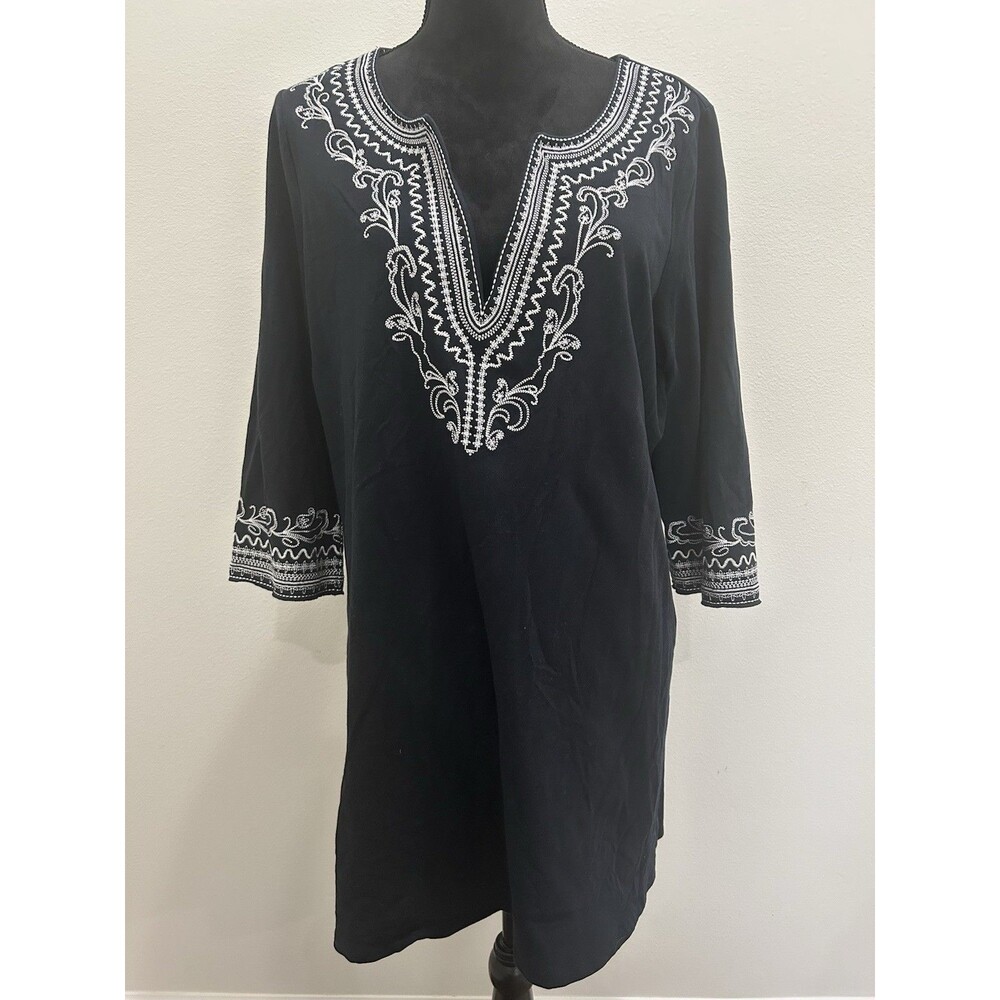 Lane Bryant Womens Plus Sz 14/16 Black Top V Neck 3/4 Sleeve Embroidery Boho